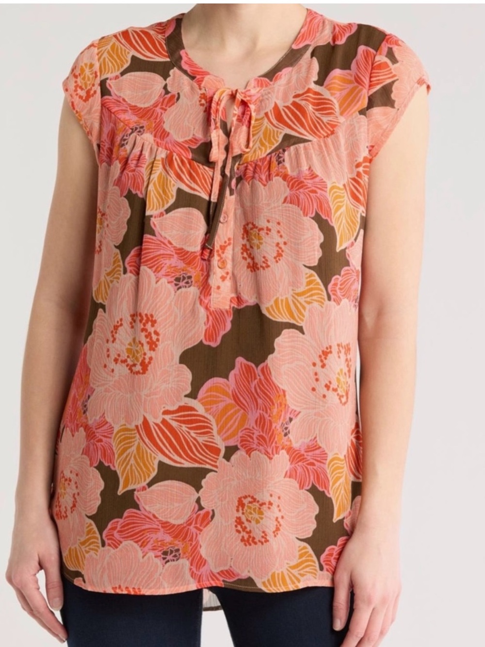 DR2 by Daniel Rainn Sheer Floral Cap Sleeve Boho Blouse Orange Brown Size Small